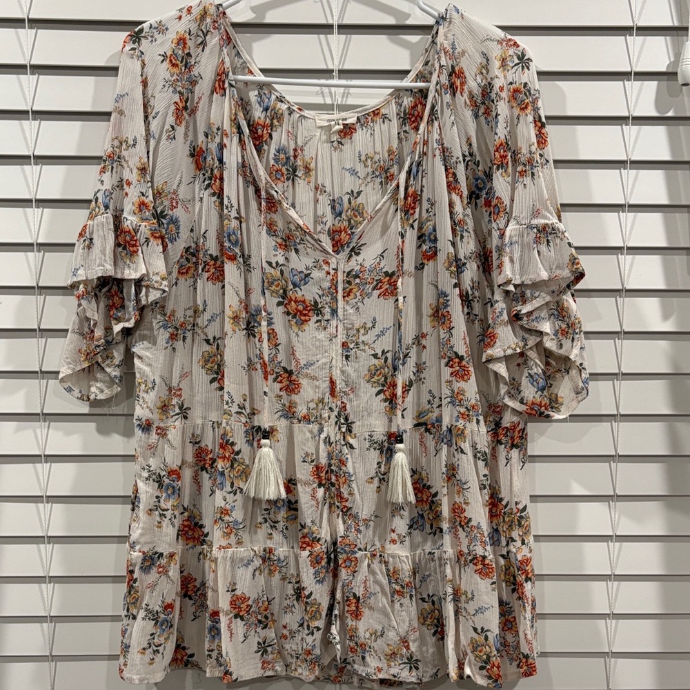 Maurices Cream Floral Ruffled Peasant Blouse